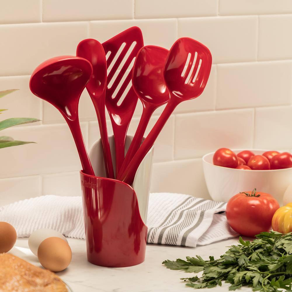 Hutzler 6-piece Melamine Cooking Utensils Set, Includes a 12-inch Long Slotted Spoon, Solid Spoon, Mixing Spoon, Slotted Turner, Soup Ladle, and Storage Crock - Red