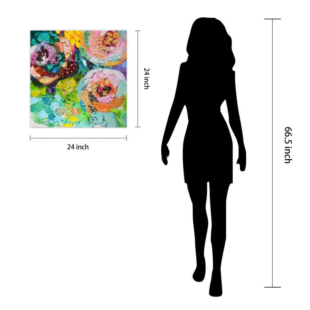 "Floral Radiance I" Crystallus Epoxy Coated Wrapped Glossy Canvas Wall Art with Heavy Acrylic Crystal Shards Embellishments,