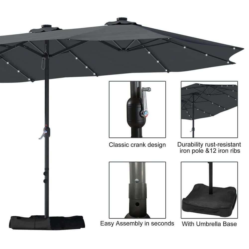 15 ft. Steel Patio Double-Side Market Umbrella with Base and Solar Light with Base in Dark Gray
