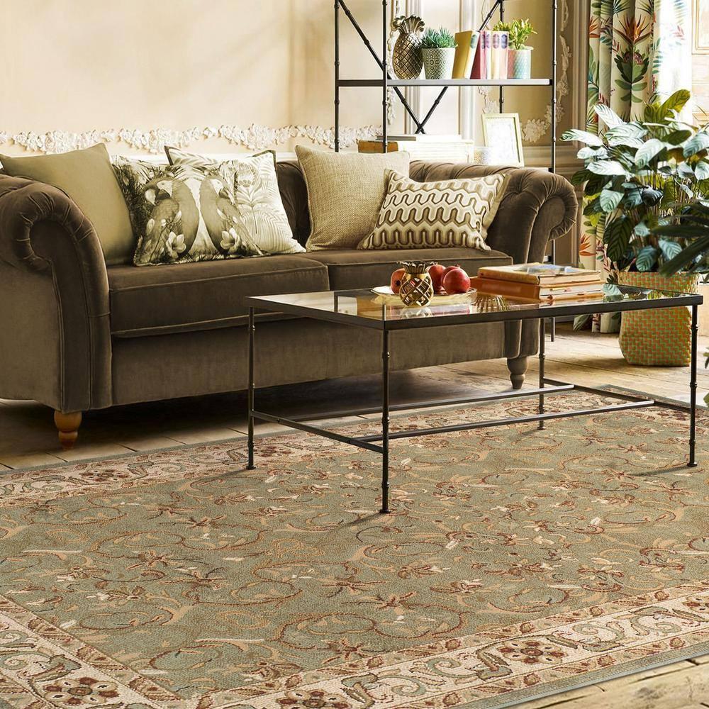 Everina Traditional Oriental Floral Scroll Classic Vines Indoor Area Rug in Green