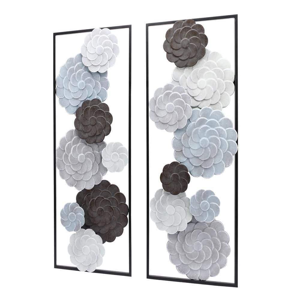 LuxenHome Multi-Color Flowers Metal Rectangular Panels Wall Decor Wall Art, Set of 2 Multicolored