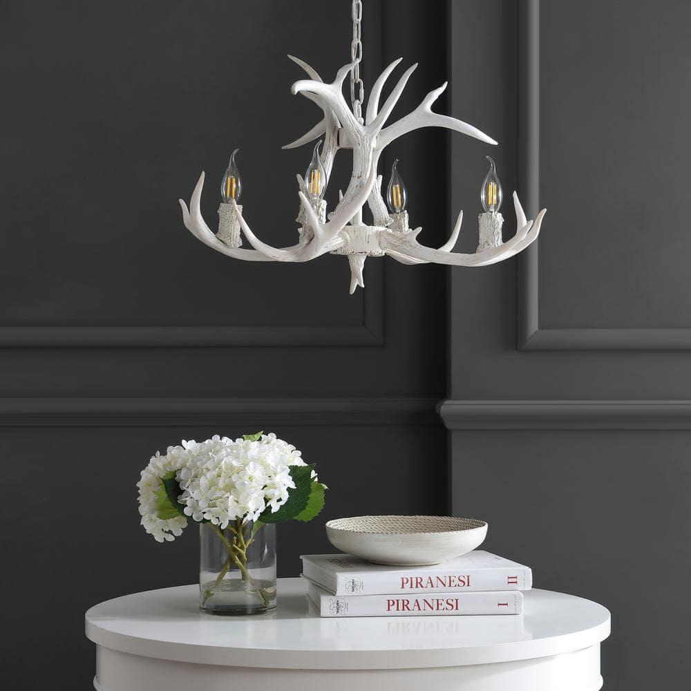 JONATHAN Y JYL6301B Eldora 26" Adjustable Resin Antler 4-Light LED Chandelier, Farmhouse, Glam, Transitional, Rustic, Cottage for living room, dinning room, bedroom, office Bulb Included, White
