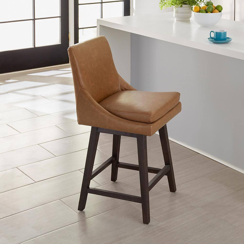 Fiona 26.8 in. Saddle Brown High Back Solid Wood Frame Swivel Counter Height Bar Stool with Faux Leather Seat(Set of 2)
