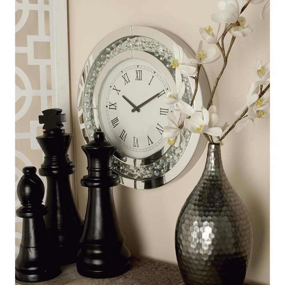 Rosdorf Park Ansonia Glass Mirrored Decorative White Wall Clock with Floating Crystals