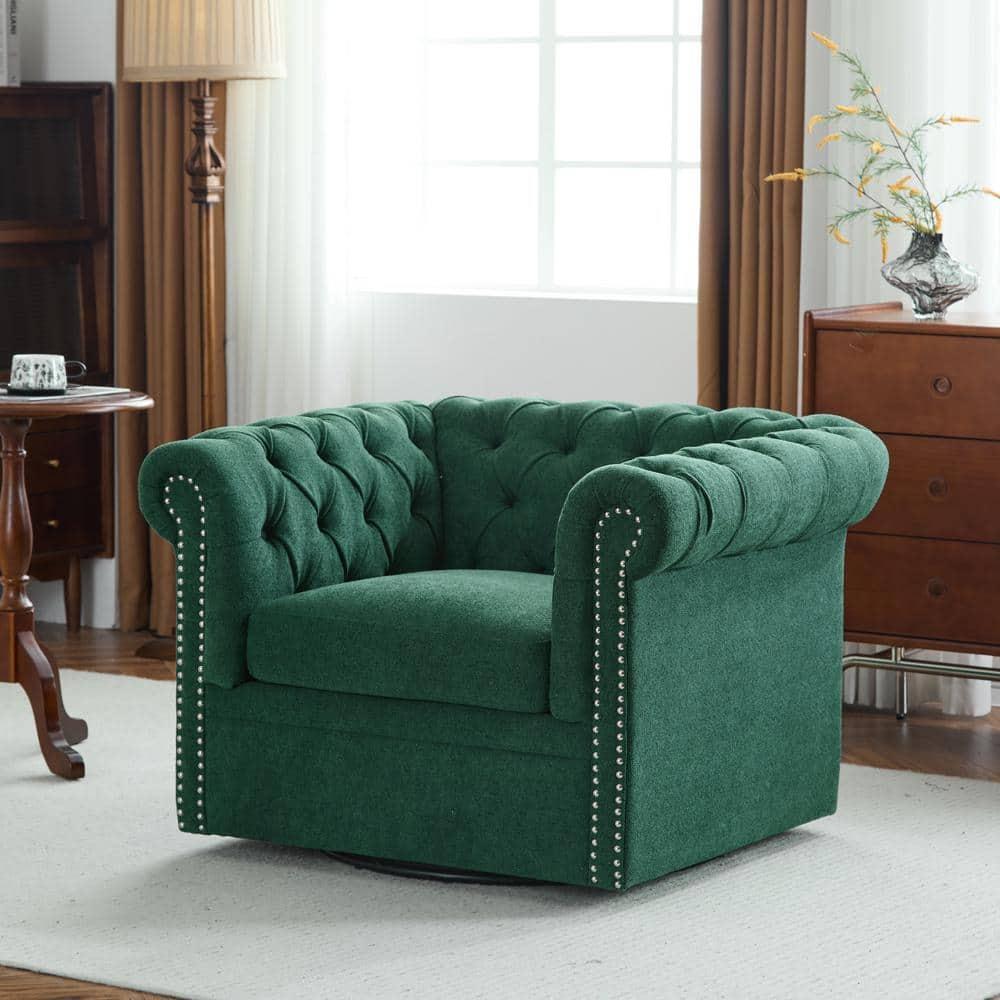 Christopher Knight Home Andrew Upholstered Button Tufted Swivel Club Chair with Roll Arms, Dark Green