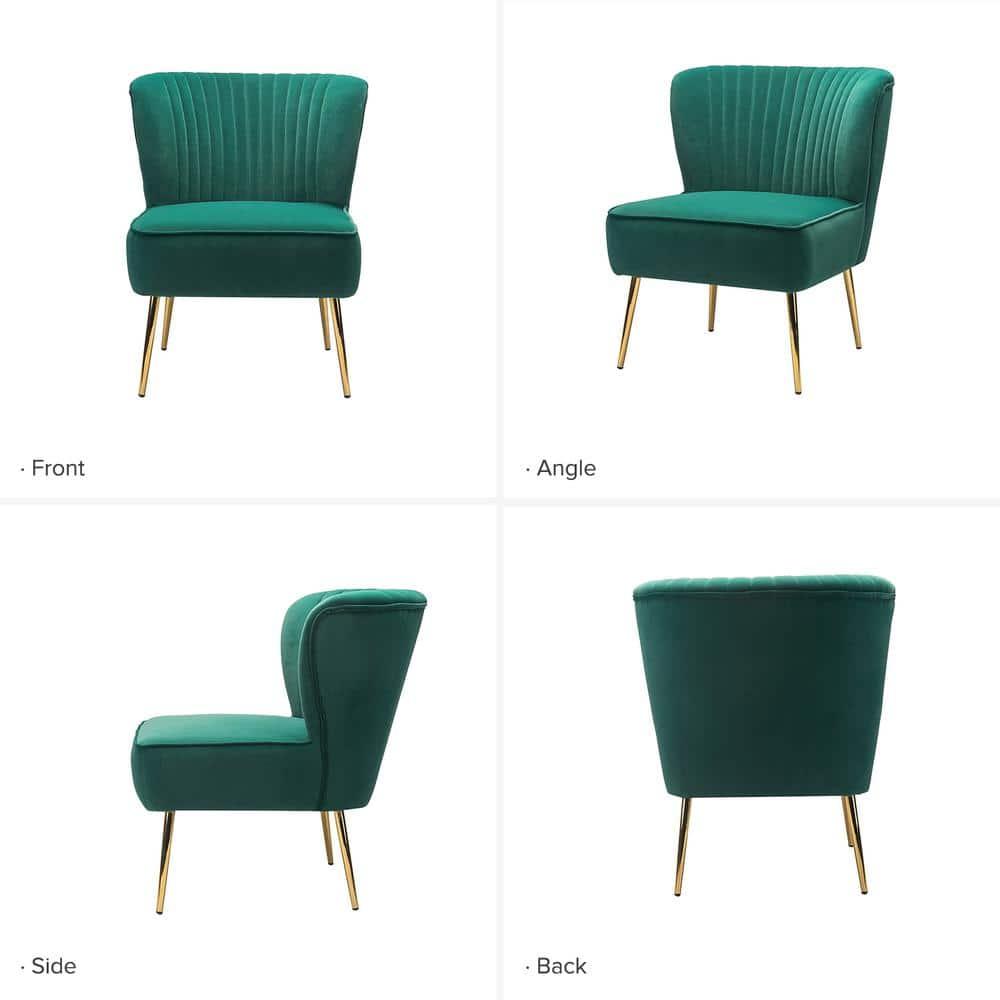 Velvet Accent Chair Set of 2 Upholstered Adult Side Chairs Gold Leg Home Bedroom Green
