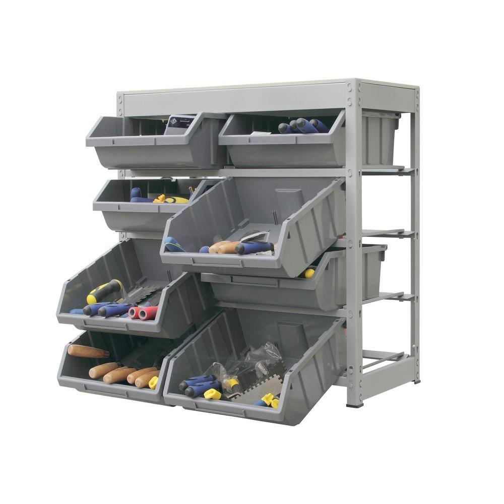 Bin Rack, Shelving Unit with Durable Construction for Easy Organization of Parts and Tools, Boltless Steel Storage System Organizer with 8 Plastic Bins in 4 tiers, Use in Store, Garage,Grey