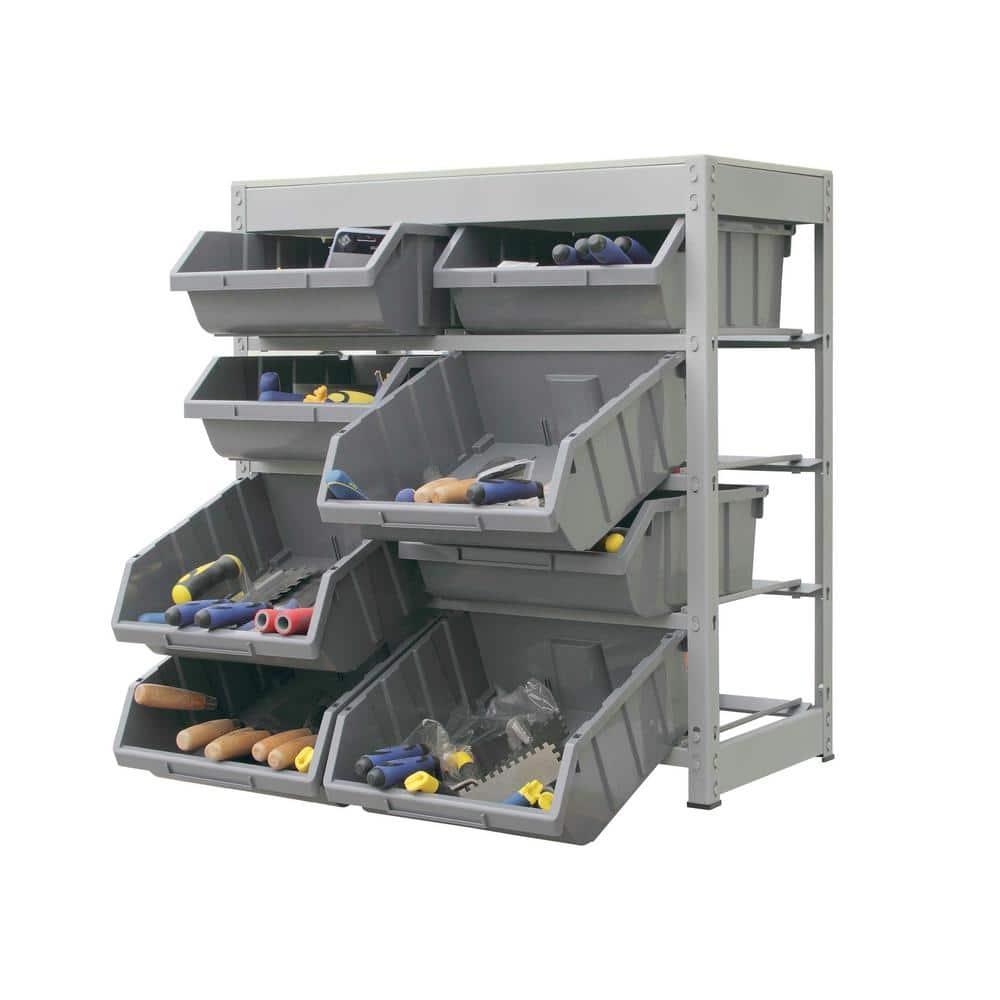Bin Rack, Shelving Unit with Durable Construction for Easy Organization of Parts and Tools, Boltless Steel Storage System Organizer with 8 Plastic Bins in 4 tiers, Use in Store, Garage,Grey