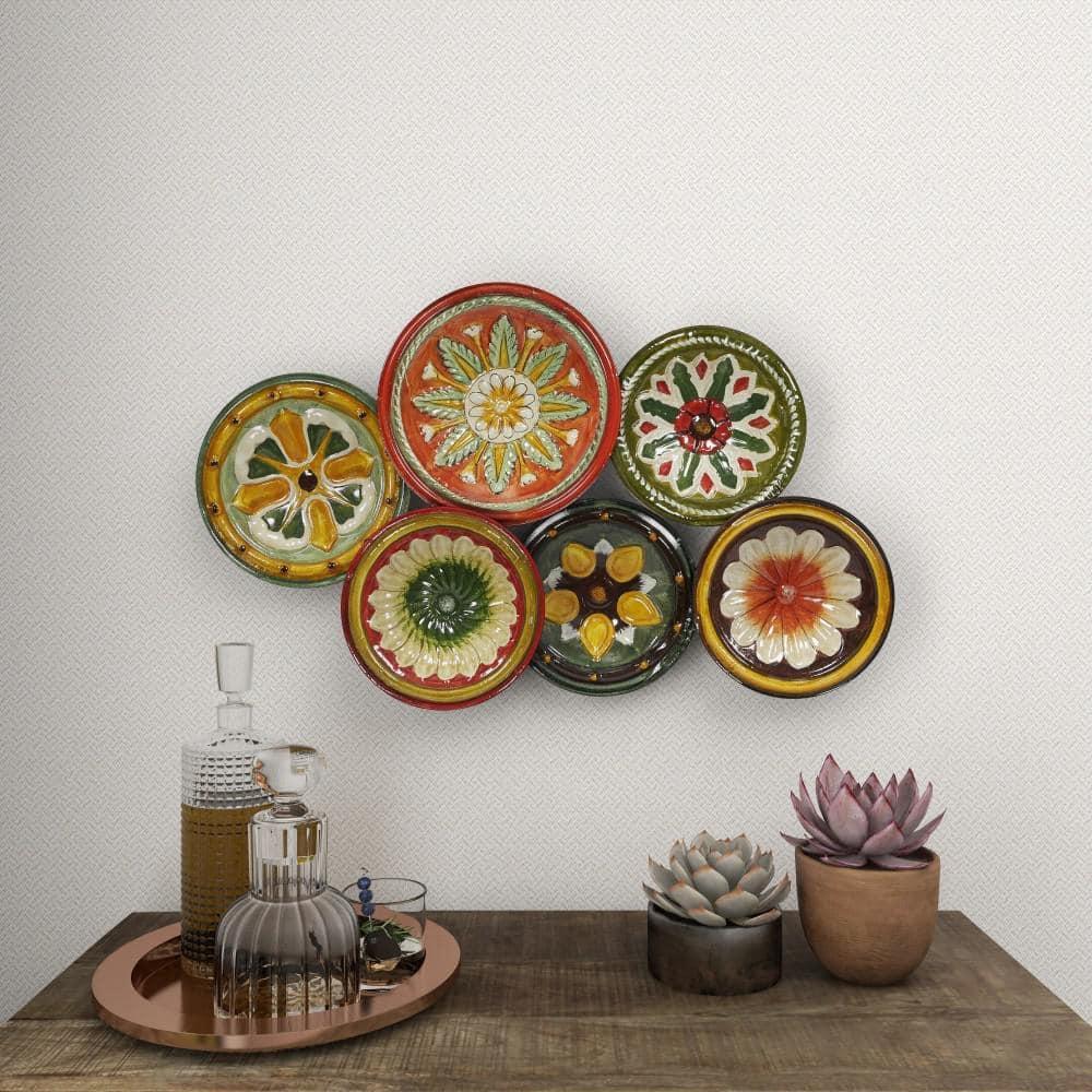 DecMode Rustic Metal Multi Colored Round Plates with Flower Petal Design Wall Decor, 31"W x 19"H