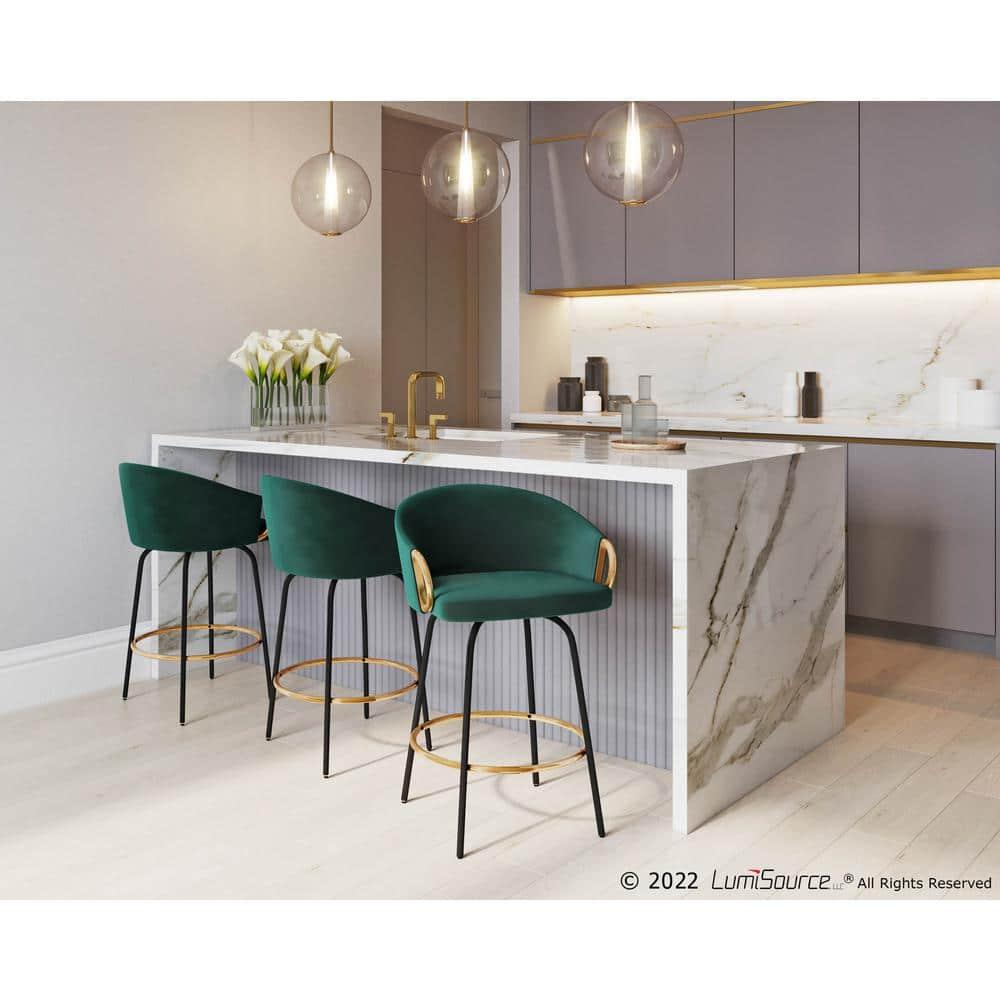 Set of 2 Claire Upholstered Counter Height Barstools: Swivel, Velvet, Gold Accents - Lumisource