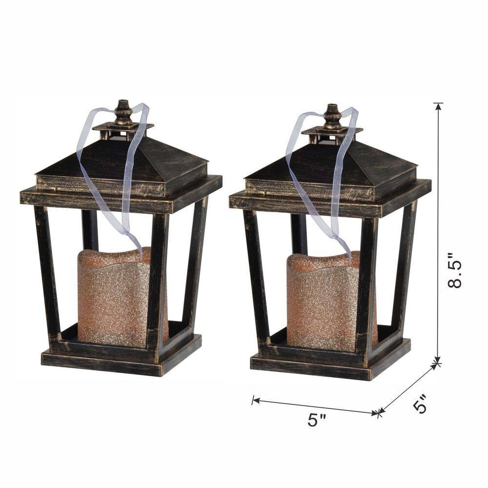 Gzxs Outdoor Lanterns with LED Pillar Candle, 8.9 Inch, 2 Pack, Hanging Decorative Candle Lamp Holder for Porch, Floor or Patio Home Decor (Antique Bronze)