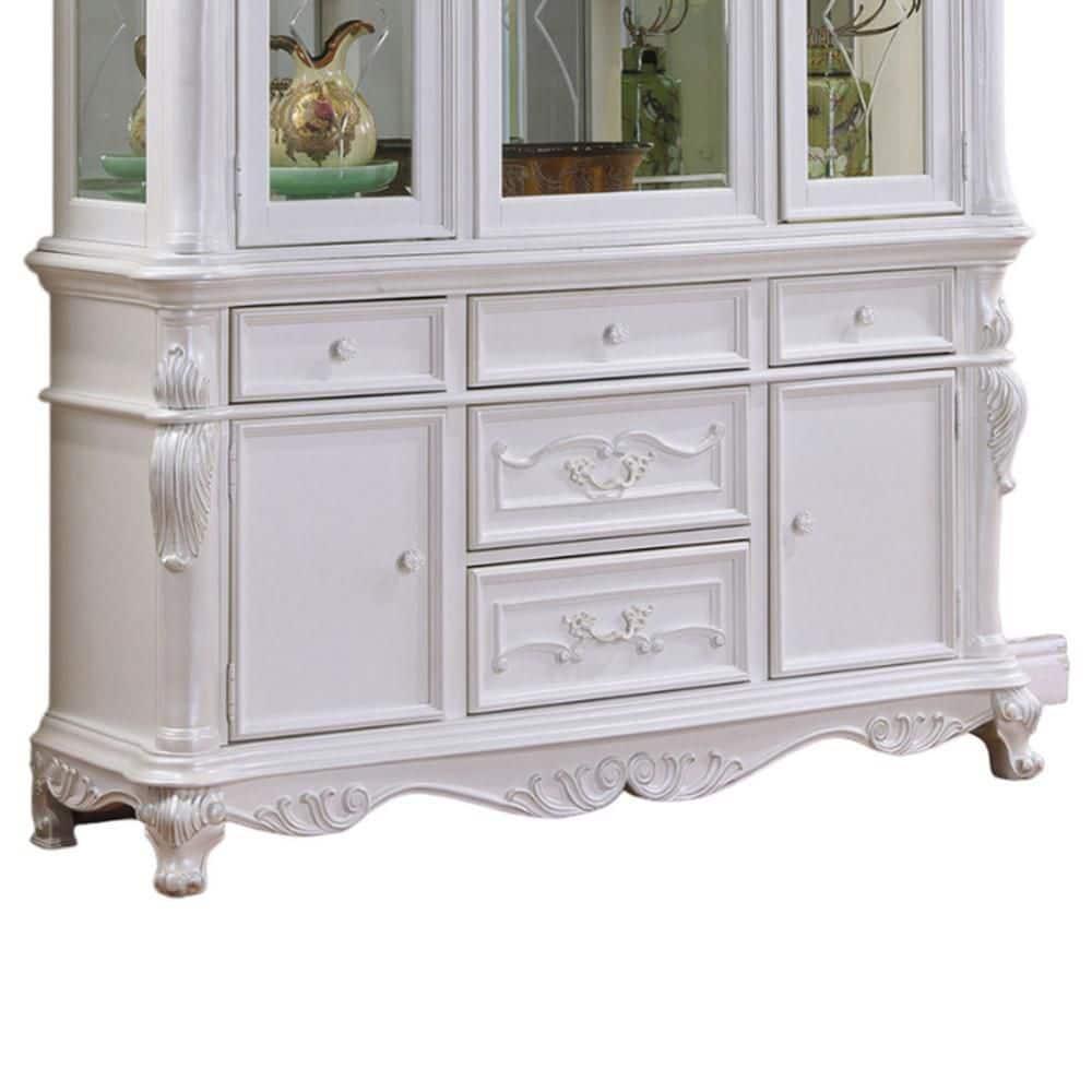Benjara Zenie Buffet Cabinet and Hutch, Classic Carved Details, White Solid Wood