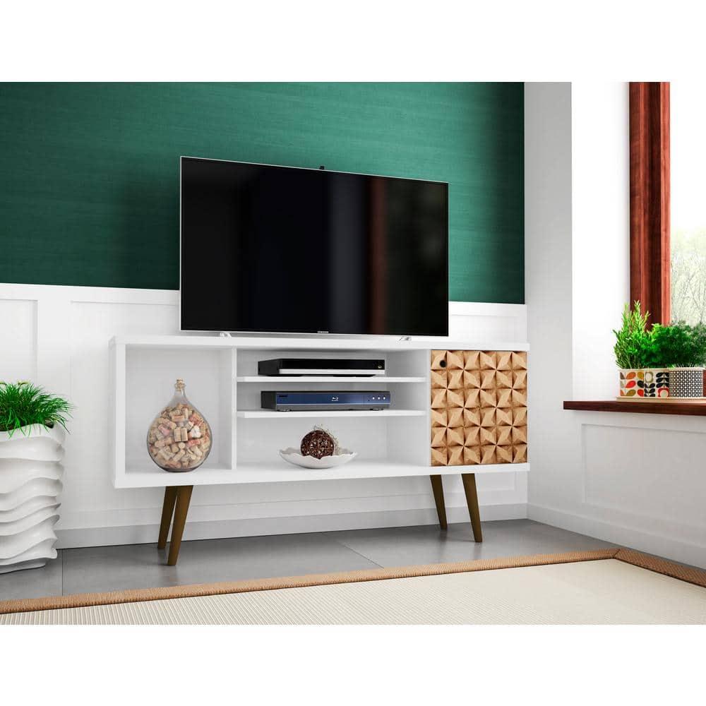 Liberty 53.14" Mid-Century Modern TV Stand with 5 Shelves and 1 Door  with Solid Wood Legs