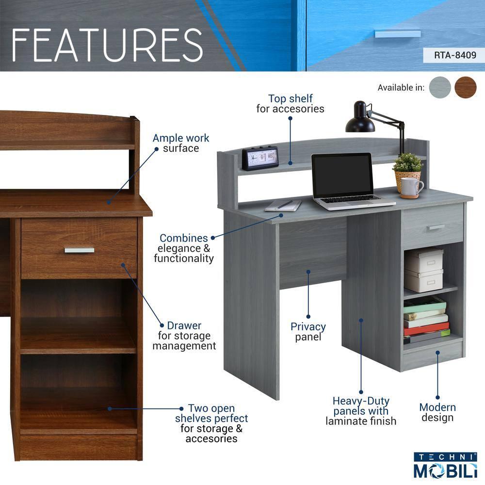 Modern Office Desk with Hutch Gray - Techni Mobili: Laminated Particle Board, Storage Hutch