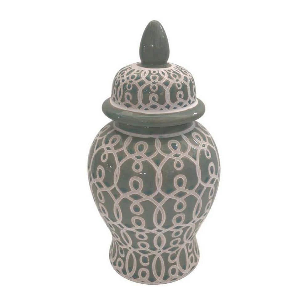 Olive Green Ceramic Temple Jar with Intricate Geometric Pattern