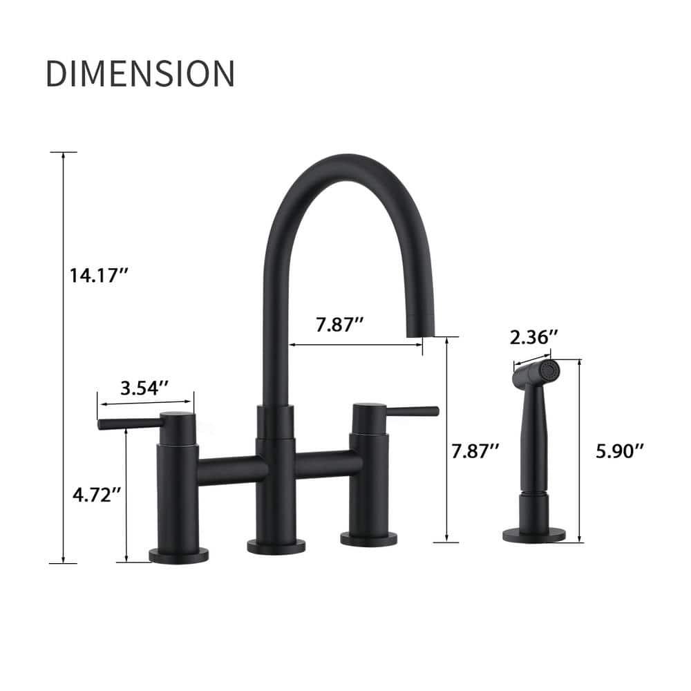 Double Handle Bridge Kitchen Faucet with Side Sprayer in Matte Black