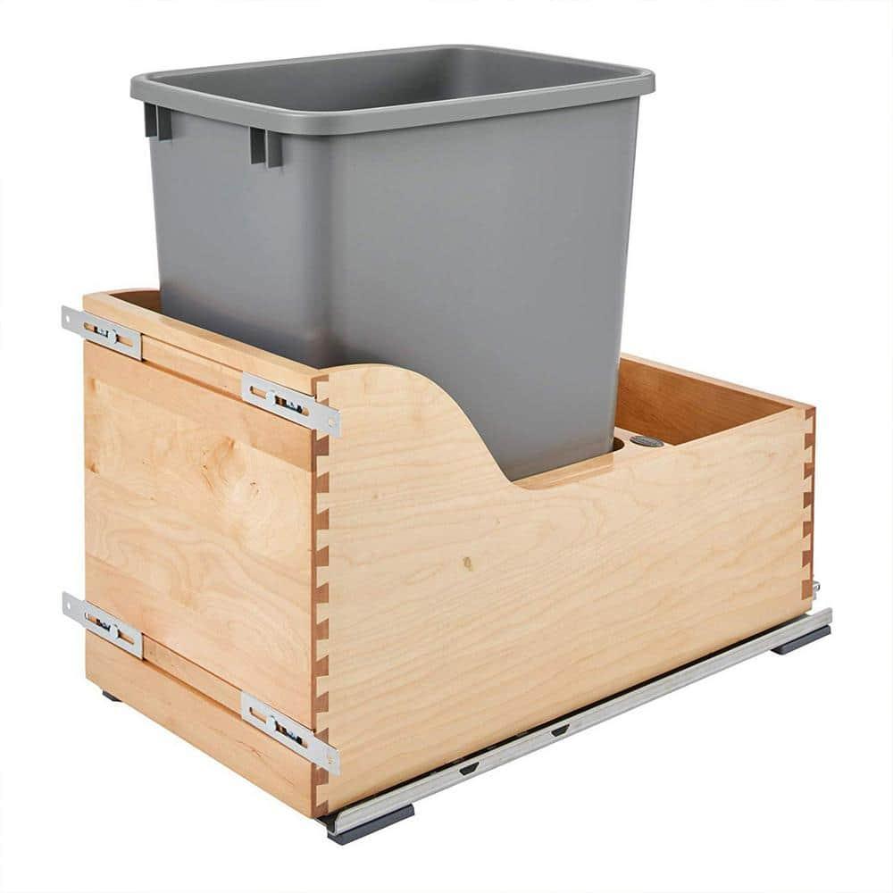 Rev-A-Shelf Pullout Trash Can for Kitchen Cabinets 35 Qt 8.75 Gal Bottom Mounted, Rear Storage, Undermount Soft-Close Slides, Silver, 4WCSC-1535DM-1