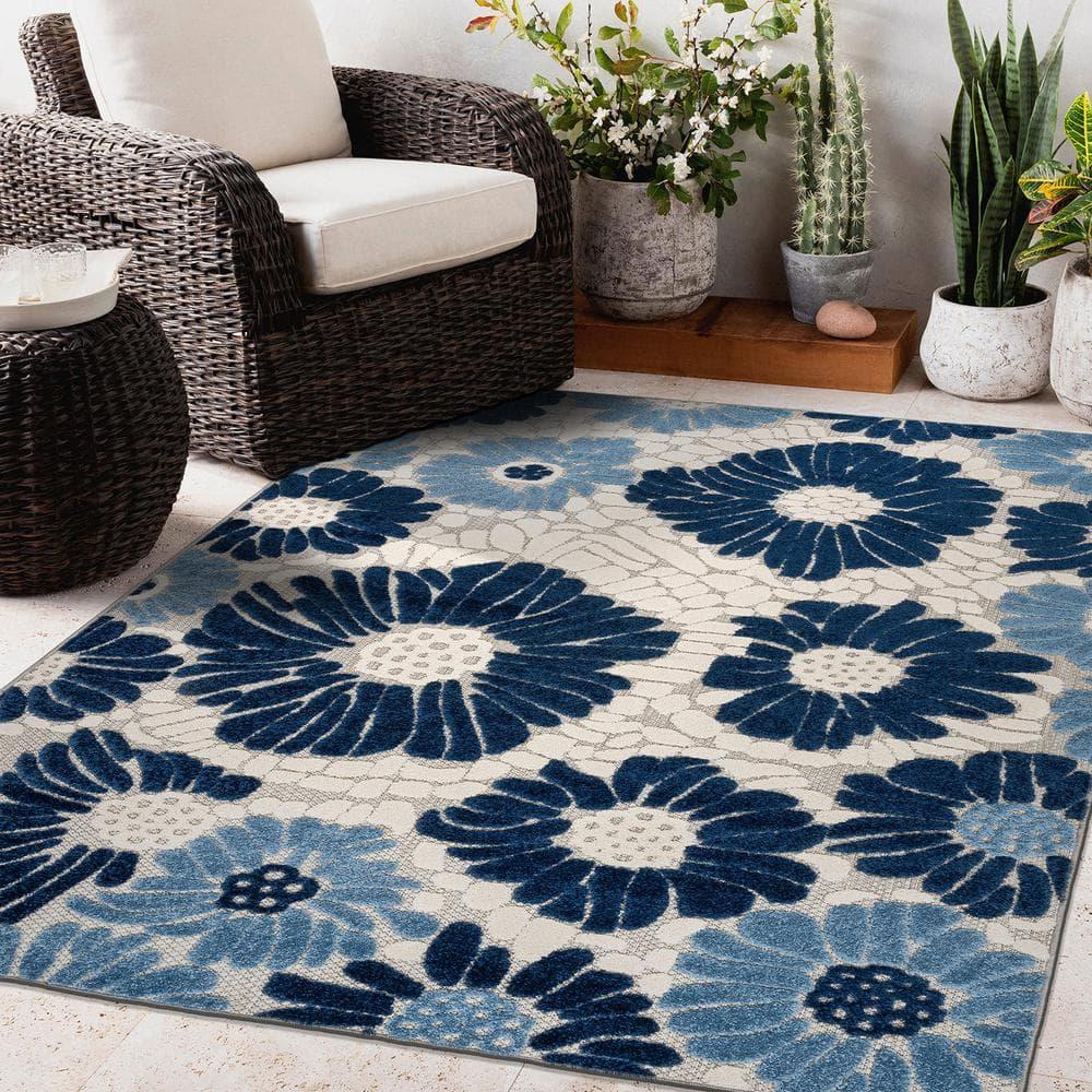 World Rug Gallery Palermo Modern Floral Indoor/Outdoor Area Rug - Navy 5' x 7':  Weather-Resistant,  Low Pile,  Botanical Pattern