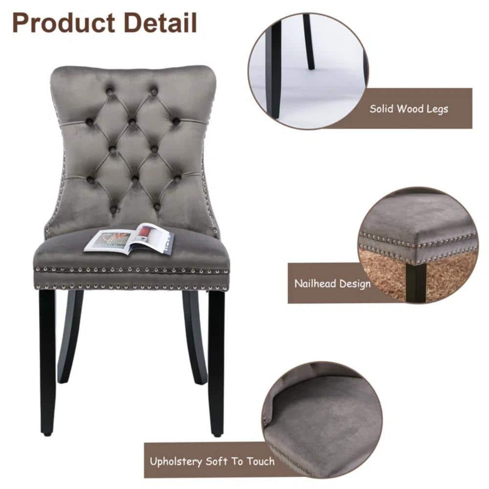 Modern Velvet Upholstered Dining Chairs with Back Button Nailhead Trim Accent Side Chairs with Wood Legs for Kitchen Dining Room(Gray,Set of 4)