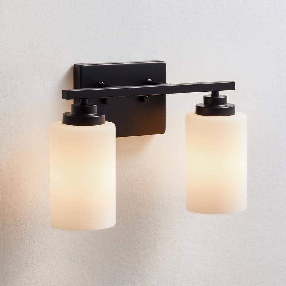 KAWOTI 2-Light Dimmable Bathroom Vanity Light with Frosted White Glass Black