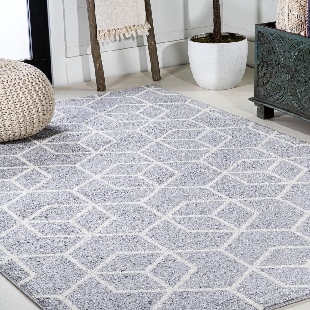3'x5' Tumbling Blocks Modern Geometric Area Rug, Light Gray/White - JONATHAN Y