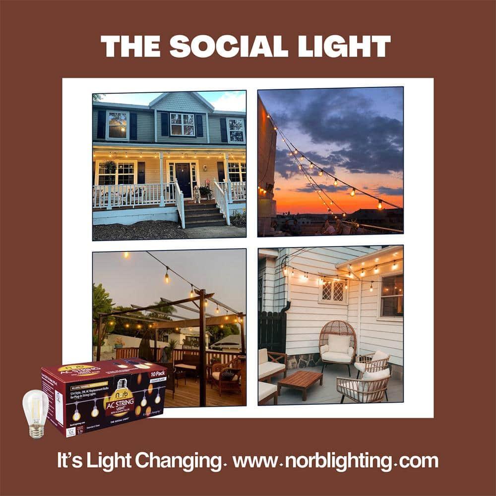 NorbSTRING 2W AC LED Replacement Bulbs for Plug-in String Lights - Warm Candlelight Glow, E26 Standard Base, Shatterproof, Energy-Efficient – Outdoor Weatherproof S14 Bulbs (10-Pack)