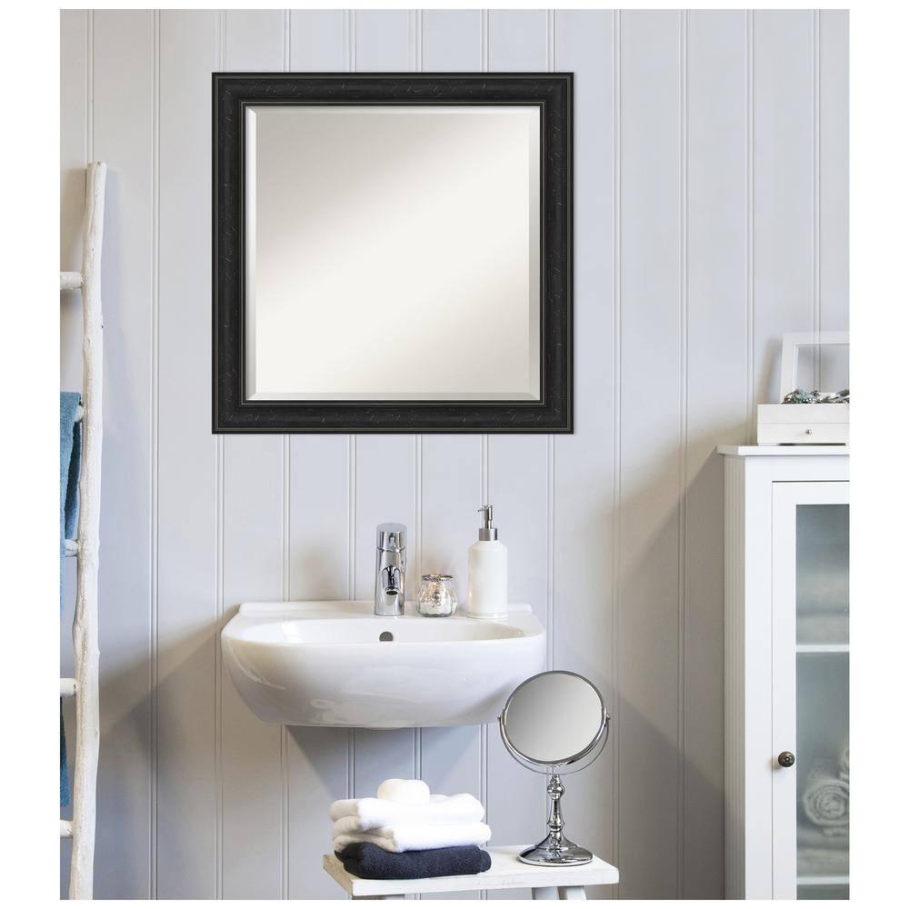 Amanti Art Beveled Bathroom Wall Mirror - Shipwreck Black Narrow Frame Outer Size: 24 x 24 in