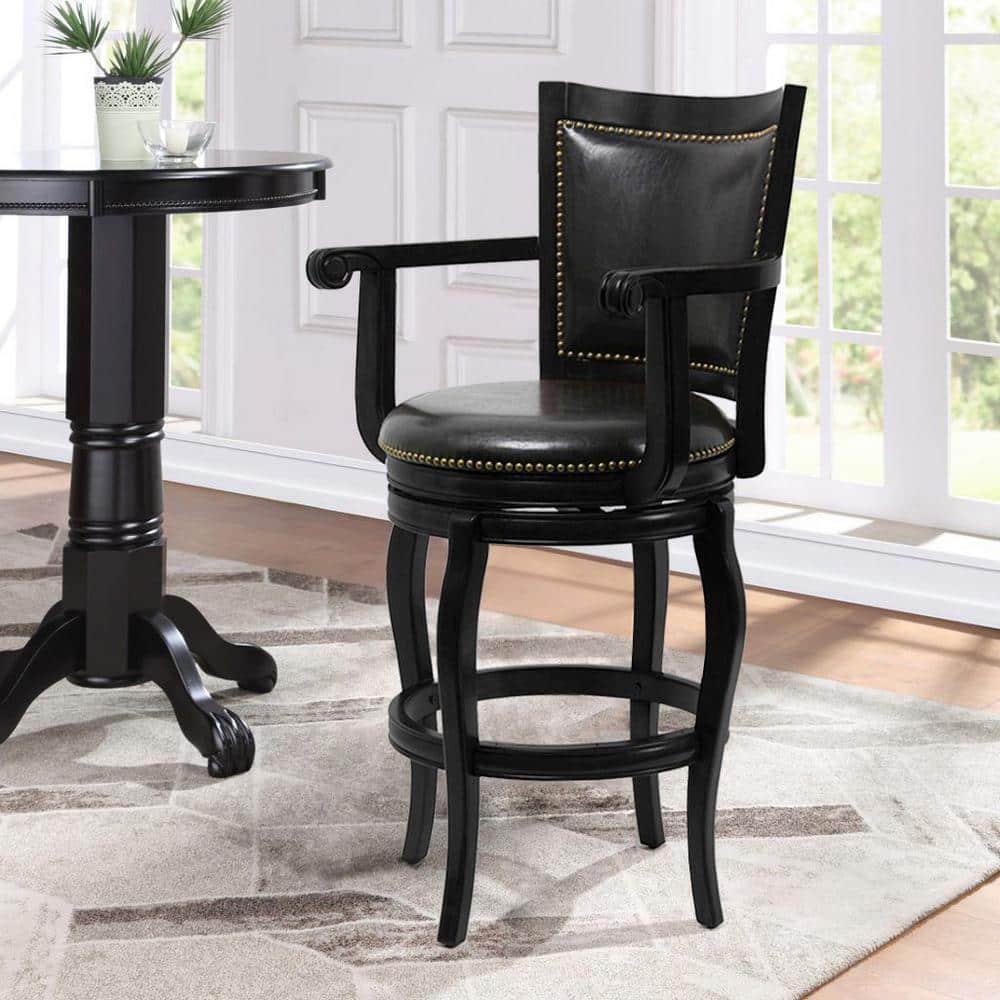 Benjara Hugo 29 Inch 360-Degree Swivel Barstool, Wood, Open Rolled Arms, Black