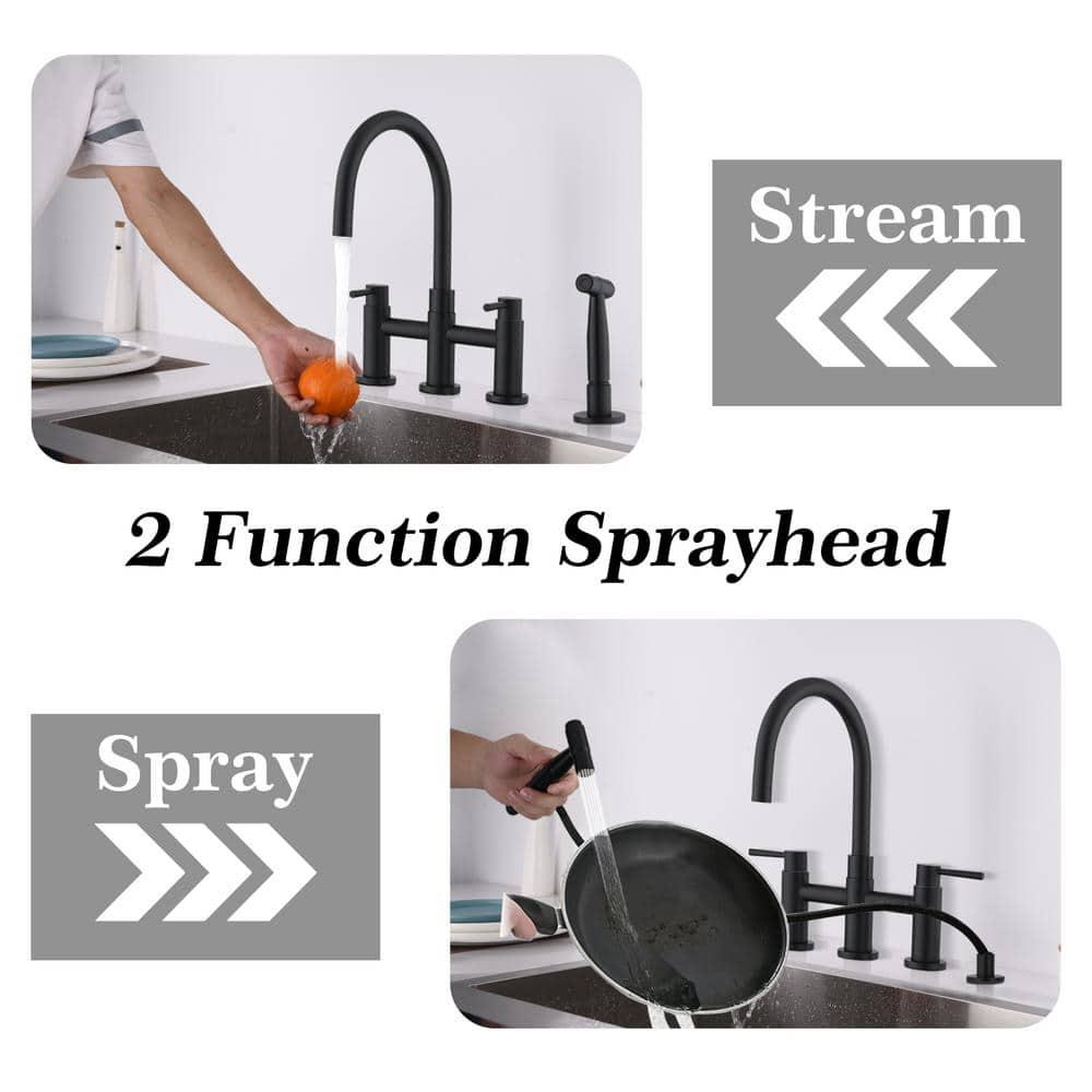 Double Handle Bridge Kitchen Faucet with Side Sprayer in Matte Black