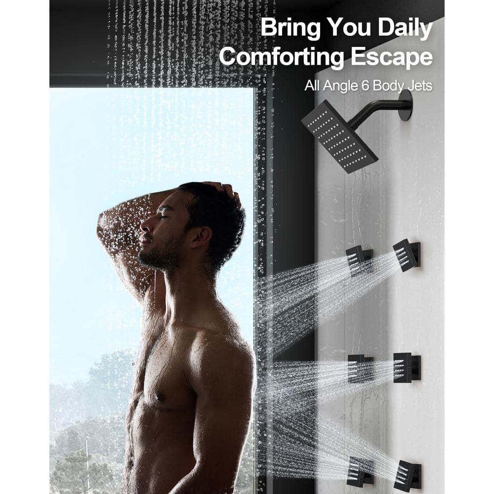 GRANDJOY 16 inch Complete Dual Shower Head System, Celling Mounted Shower Faucet Set with Hand Shower Head, Rough in-Valve, 6 Massage Body Jets - Matte Black