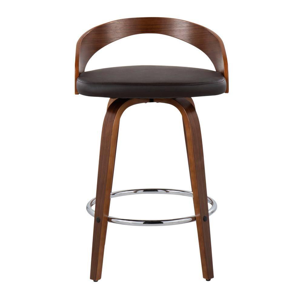 Set of 2 Grotto Upholstered Counter Height Barstools Brown/Walnut - Lumisource: Chrome Footrest, Wood Legs, Swivel Seat