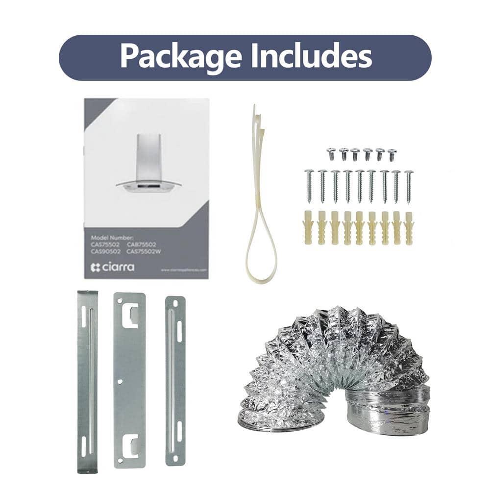 CIARRA Wall Mount Range Hood 30 inch with Tempered Glass 450 CFM Kitchen Vent Hood Ductless Ducted Convertible CAS50275