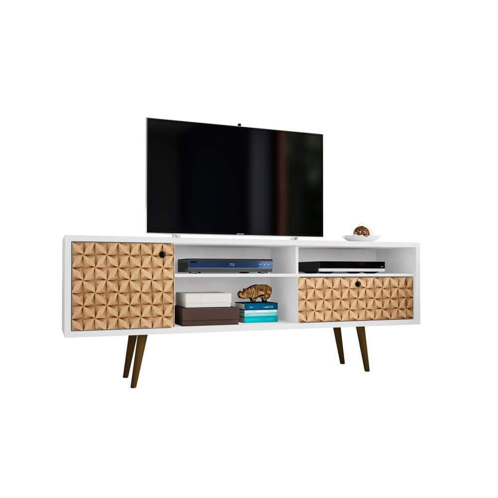 Manhattan Comfort 202AMC67 70.86 in. Liberty Mid-Century - Modern TV Stand with 4 Shelving Spaces & 1 Drawer, White & 3D Brown Prints