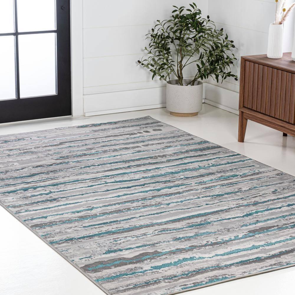 3'x5' Batten Modern Stripe Area Rug, Gray/Turquoise - JONATHAN Y