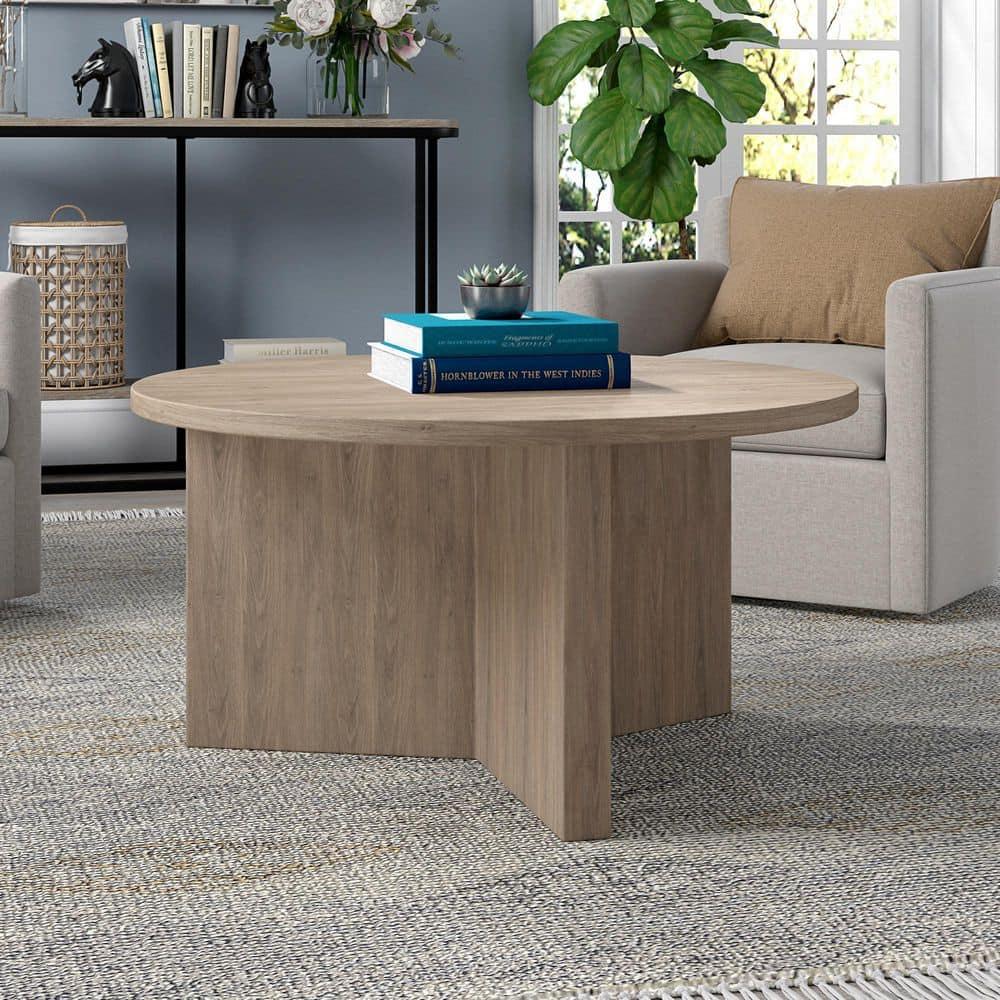 Evelyn&Zoe Anders Easy Assembly Round Medium Density Fiberboard Coffee Table, Antiqued Gray Oak