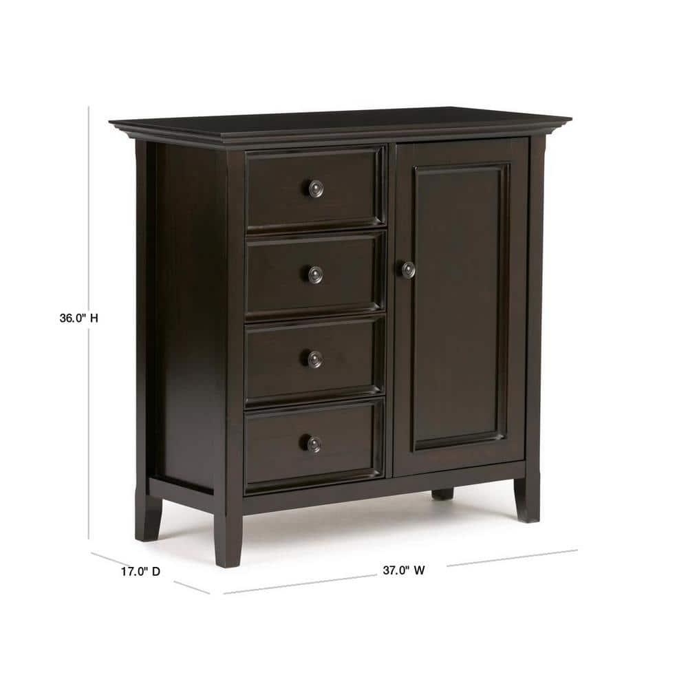 Simpli Home Amherst 32"W Solid Wood 2-Shelf Low Storage Cabinet with Adjustable Shelves and Tapered Legs