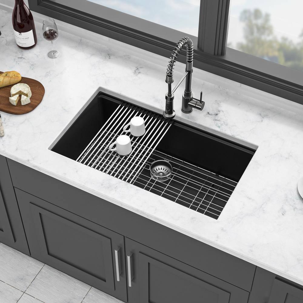 33 in. x 19 in. Undermount Kitchen Sink, 16-Gauge Granite Composite Workstation Sinks Single Bowl in Black