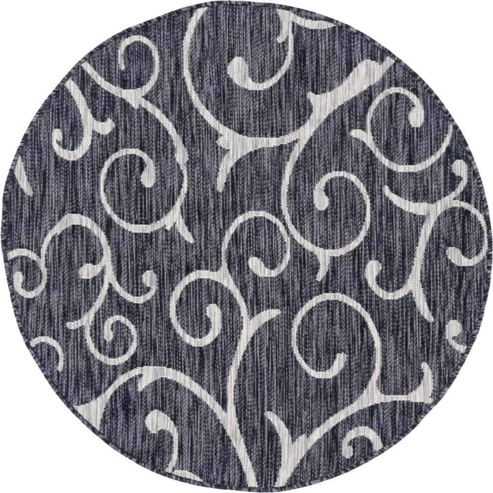Unique Loom 4' 0 x 4' 0 Round Indoor/Outdoor Botanical Charcoal Gray Area Rug