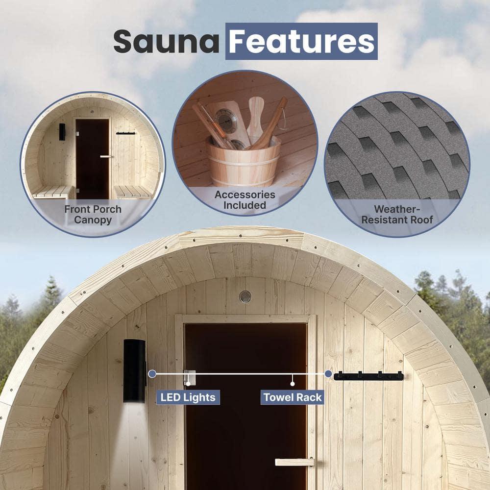 ALEKO Outdoor or Indoor White Finland Pine Wet Dry Barrel Sauna - Front Porch Canopy - 8 kW UL Certified KIP Harvia Heater -6-8 Person