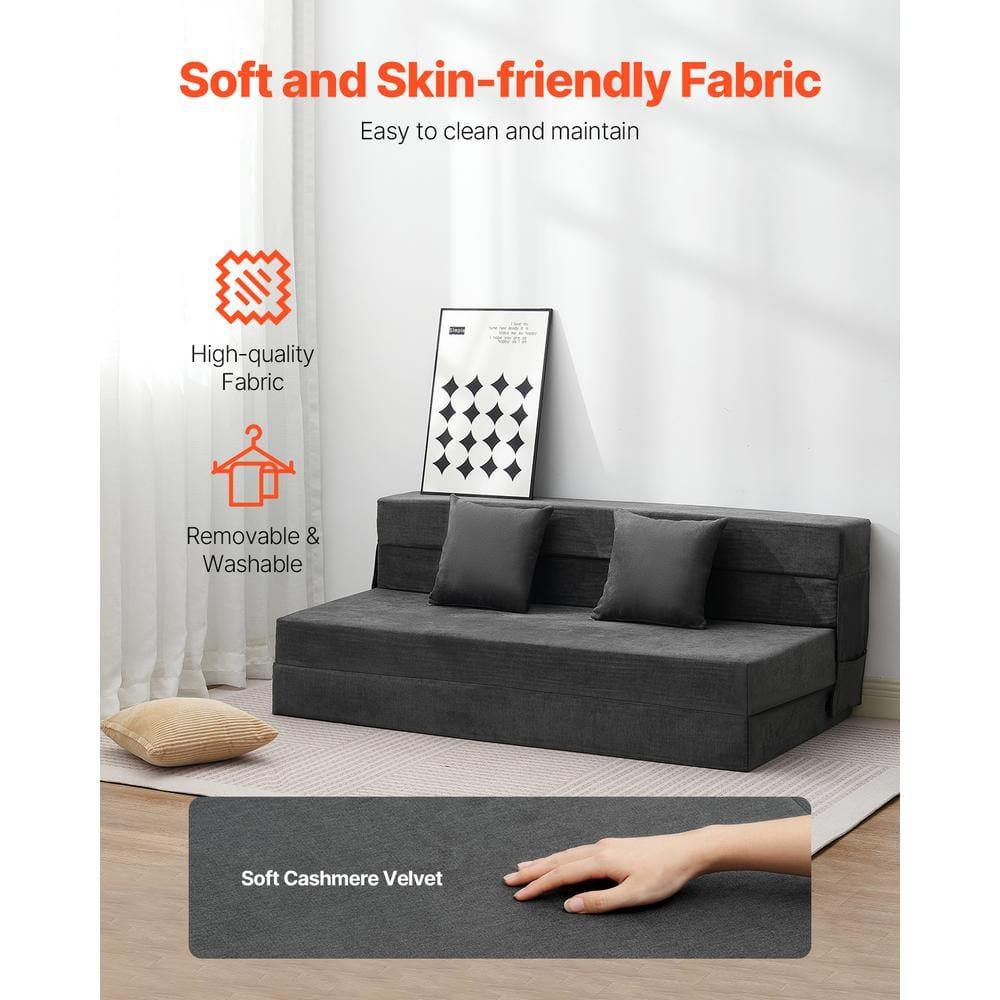 VEVOR Folding Sofa Bed, 3-in-1 Foldable Couch Bed with 2 Pillows and Washable Cover, 25D High Density Memory Foam Sleeper Chair Bed, Dark Grey(Queen)