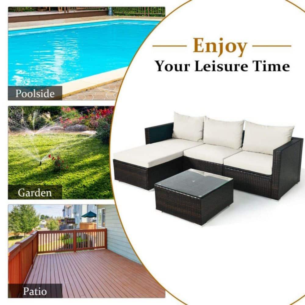Topcobe 5 Pieces Patio Rattan Sectional Furniture Set with Cushions and Coffee Table, Outdoor Furniture, Off White