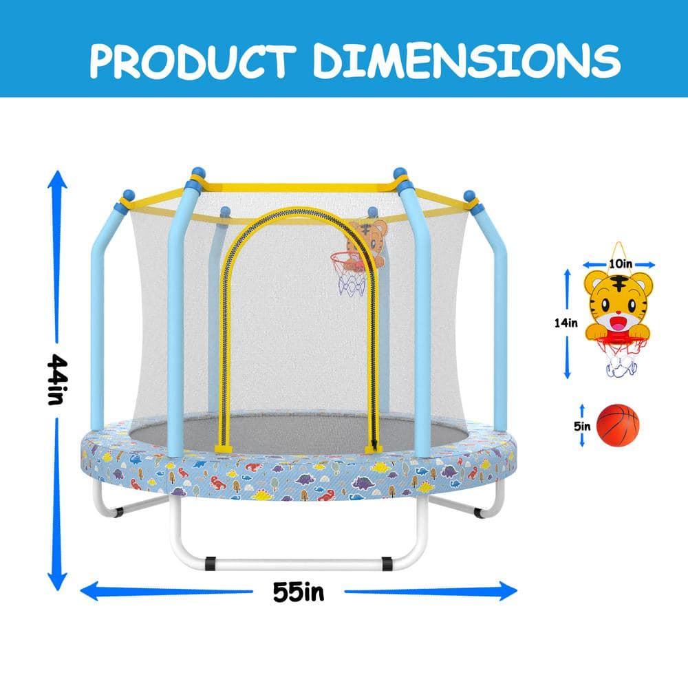 Yoneston 55'' Trampoline for Kids, Indoor & Outdoor Toddlers Trampoline with Enclosure Net and Basketball, Mini Trampoline Gifts for Kids, Baby Toddler Trampoline Toys, Light Blue