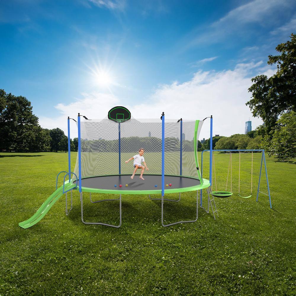 12FT Trampoline with Slide and Swings,Kids Outdoor Trampoline with Safety Enclosure Net and Basketball Hoop, Sports Fitness Recreational Trampolines with Ladder for Kids,Adults