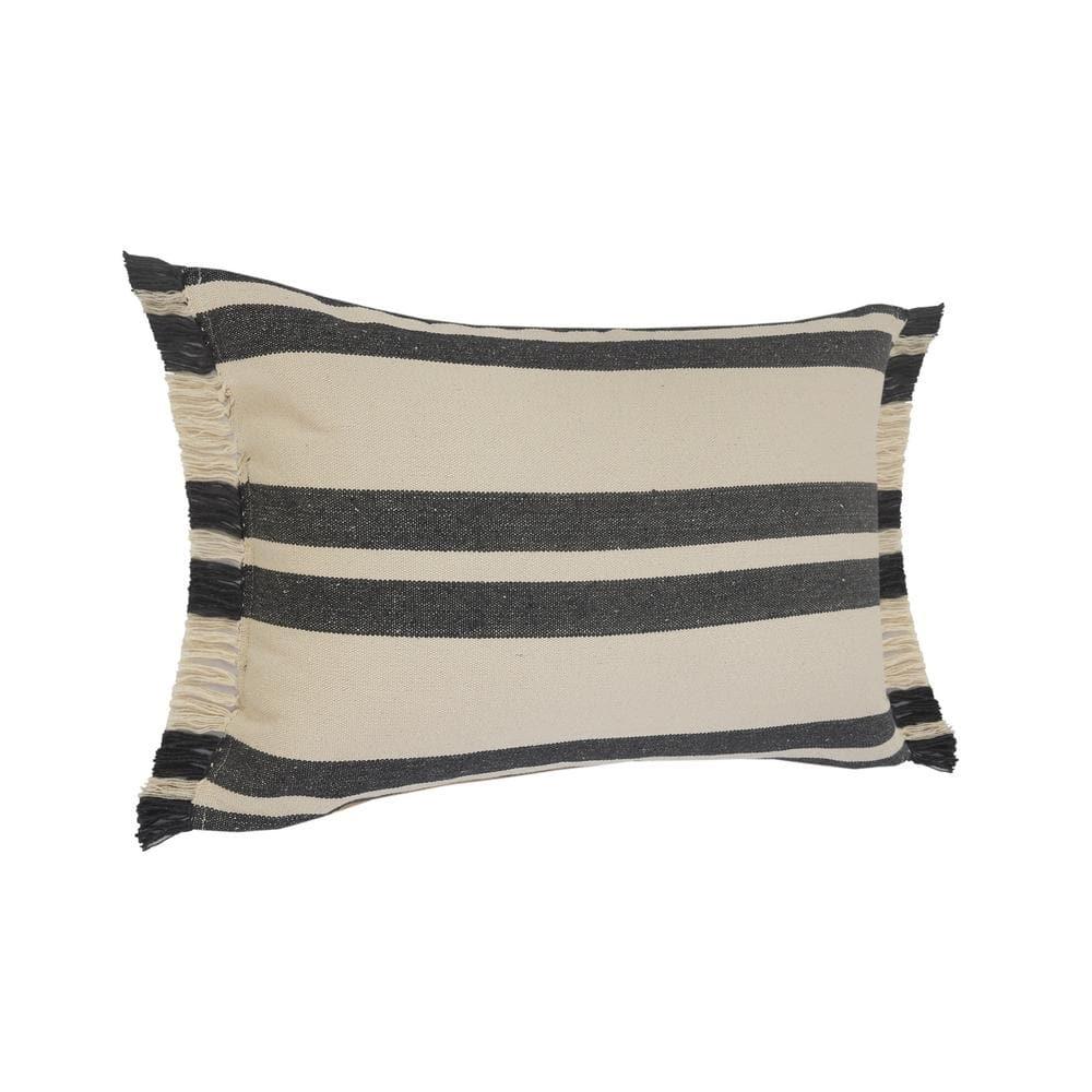 Gray and White Cotton Lumbar Pillow with Fringe, 16" x 24"