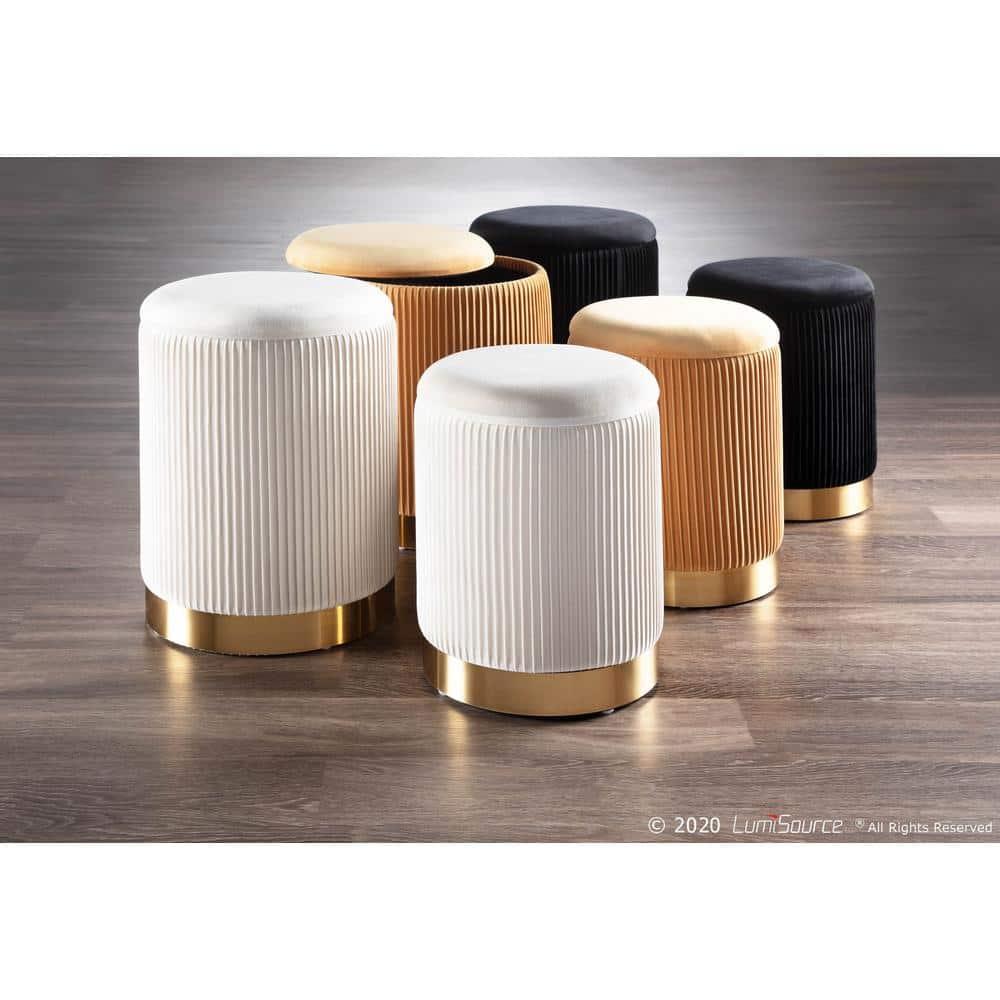 Marla Contemporary Nesting Pleated Ottoman Set Gold/Orange Velvet - LumiSource: Chic Design, Space-Saving, Metal Base