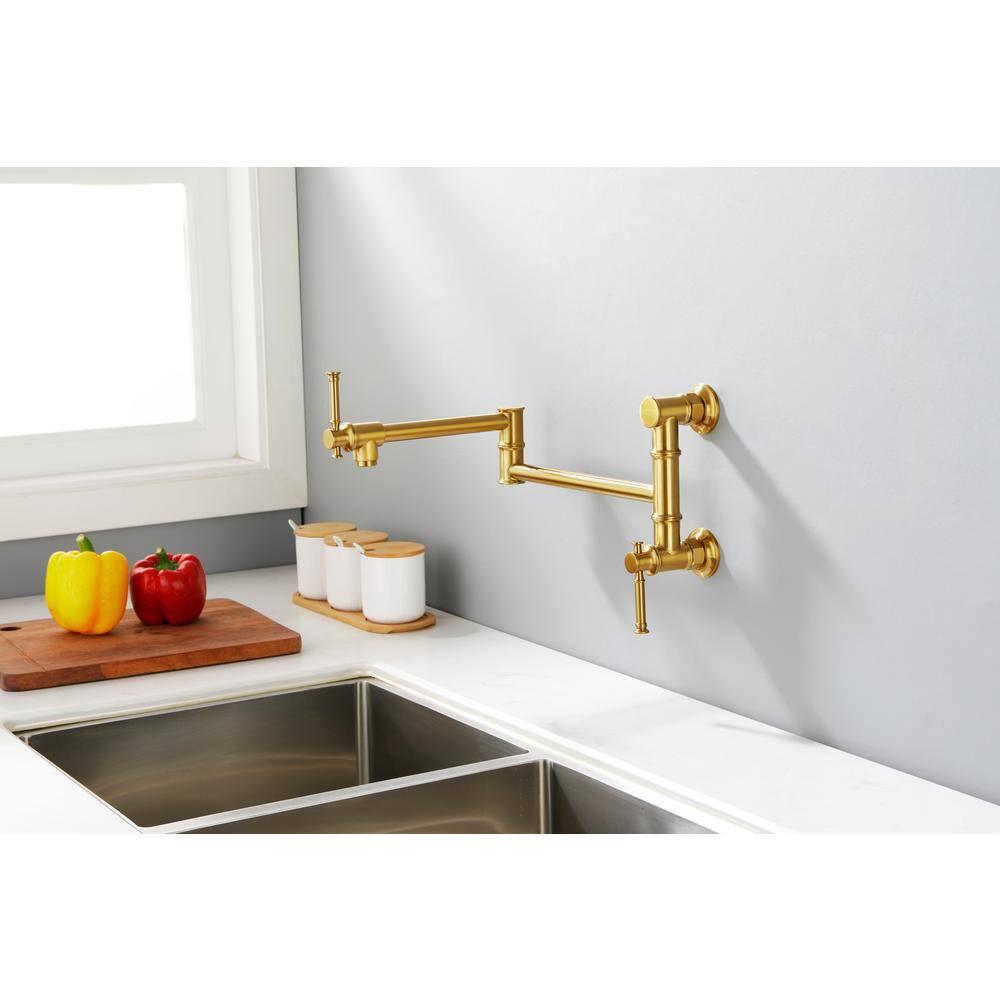 Brushed Gold Brass Wall-Mount Pot Filler Faucet with Swing Arm