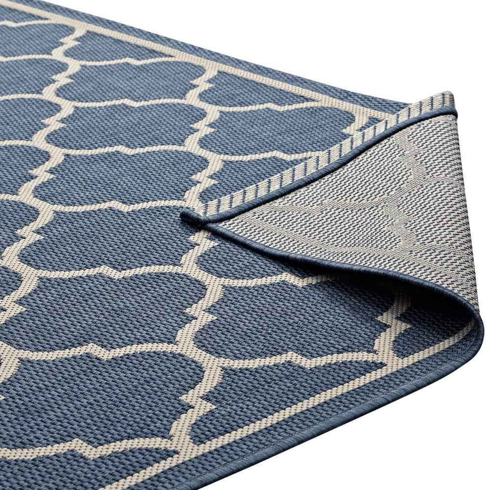 Modway Avena Moroccan Quatrefoil Trellis 8x10 Indoor and Outdoor Area Rug - Blue and Beige,  100% Soft Polypropylene ,  Tight Low Pile Weave