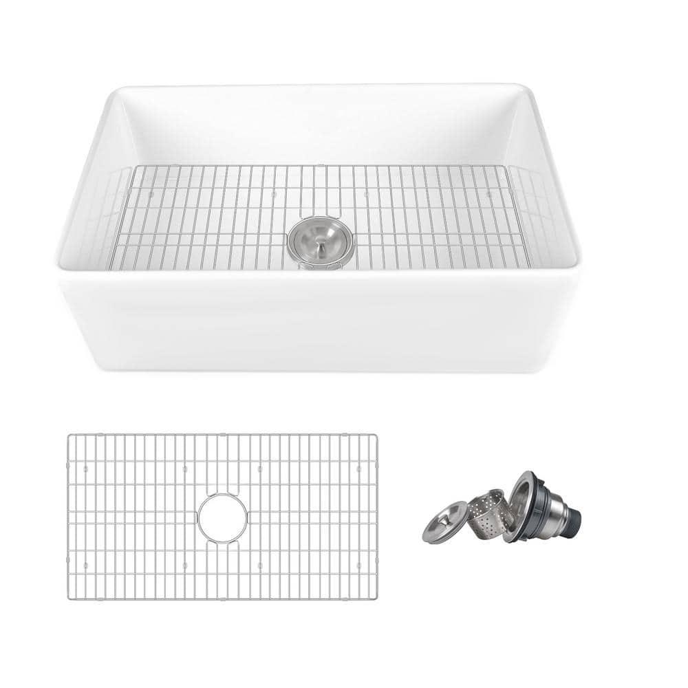 Grove 33" L X 18" W Rectangular Single Bowl Fireclay Farmhouse Kitchen Sink with Grid and Strainer