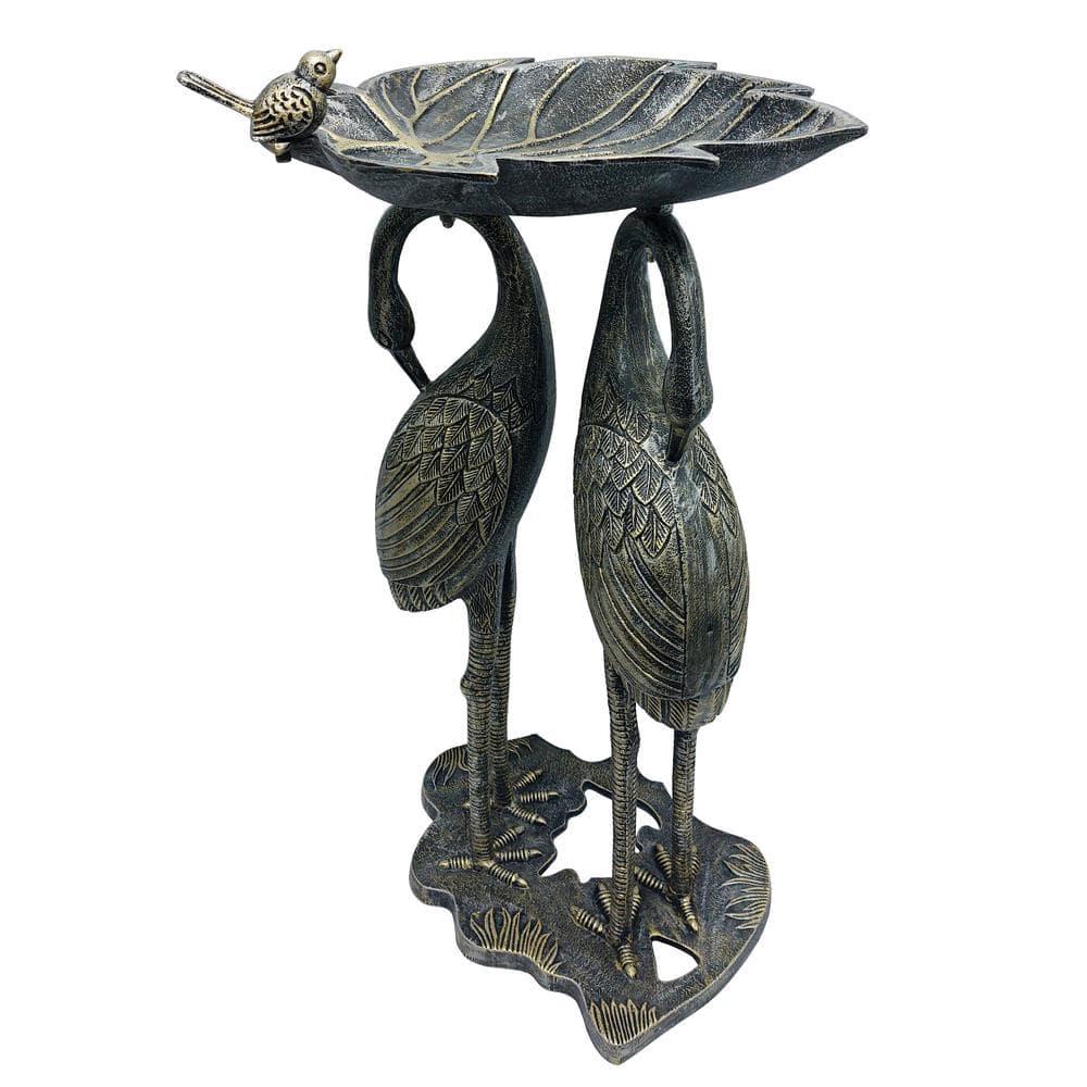 Oakland Living Cast Aluminum 30-in Twin Crane Silver Gold Bird Bath with Leaf Bowl