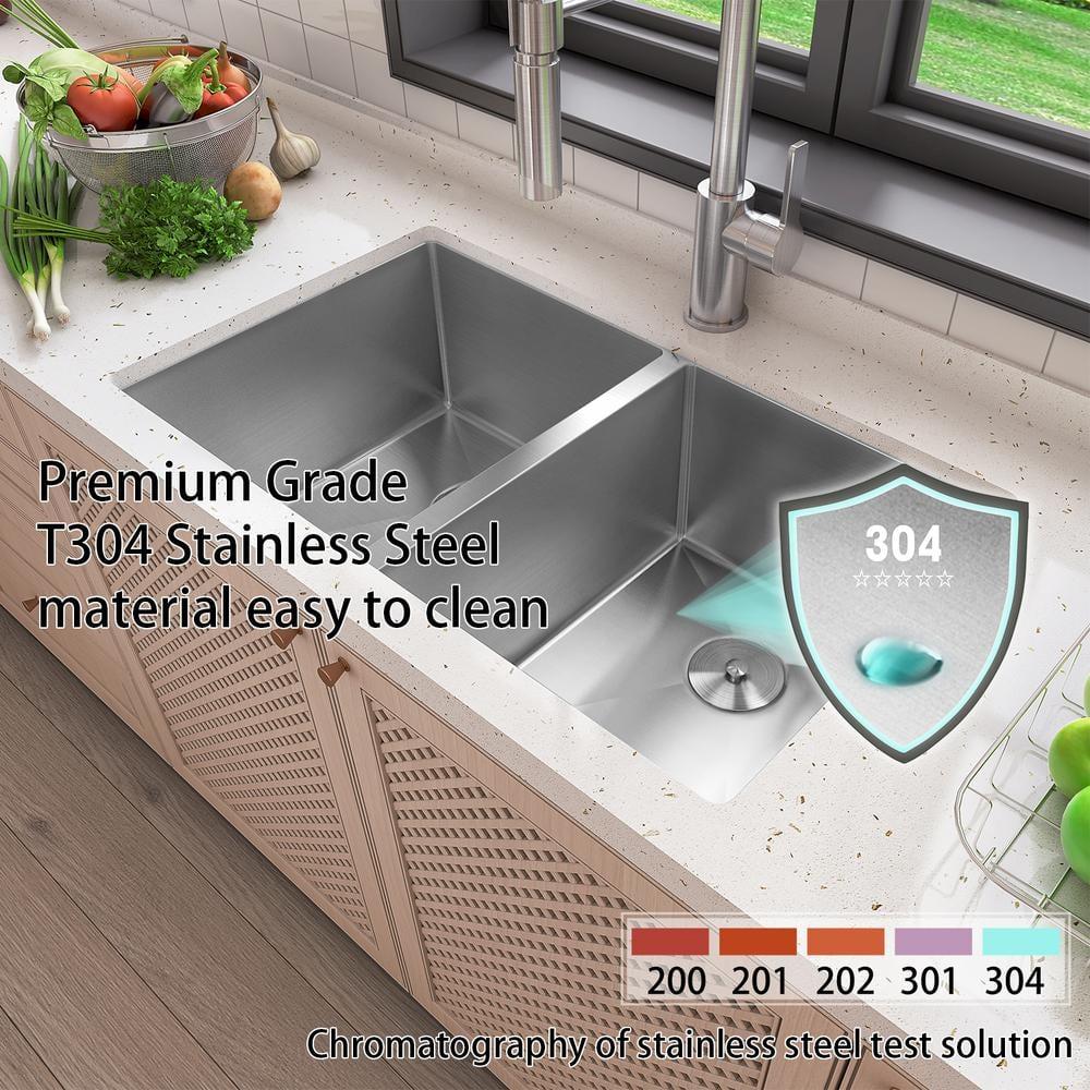 Sinber 32" x 19" Undermount Double Bowl Kitchen Sink with 18 Gauge 304 Stainless Steel Satin Finish